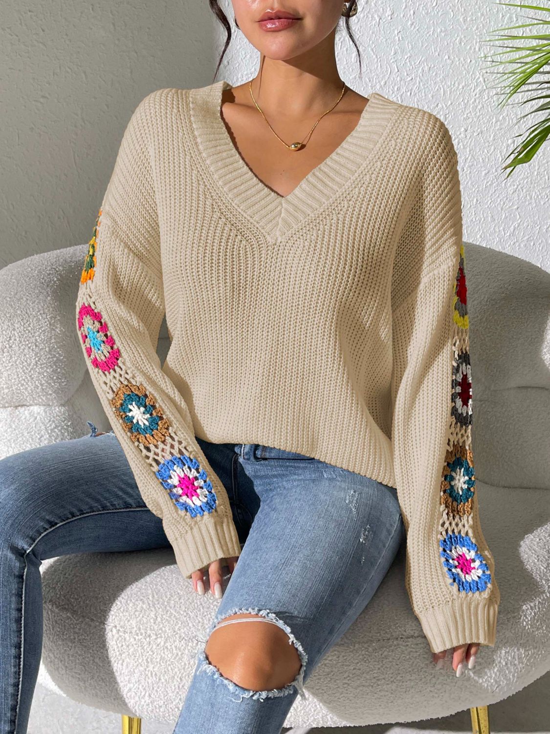 Crochet Flower V-Neck Sweater