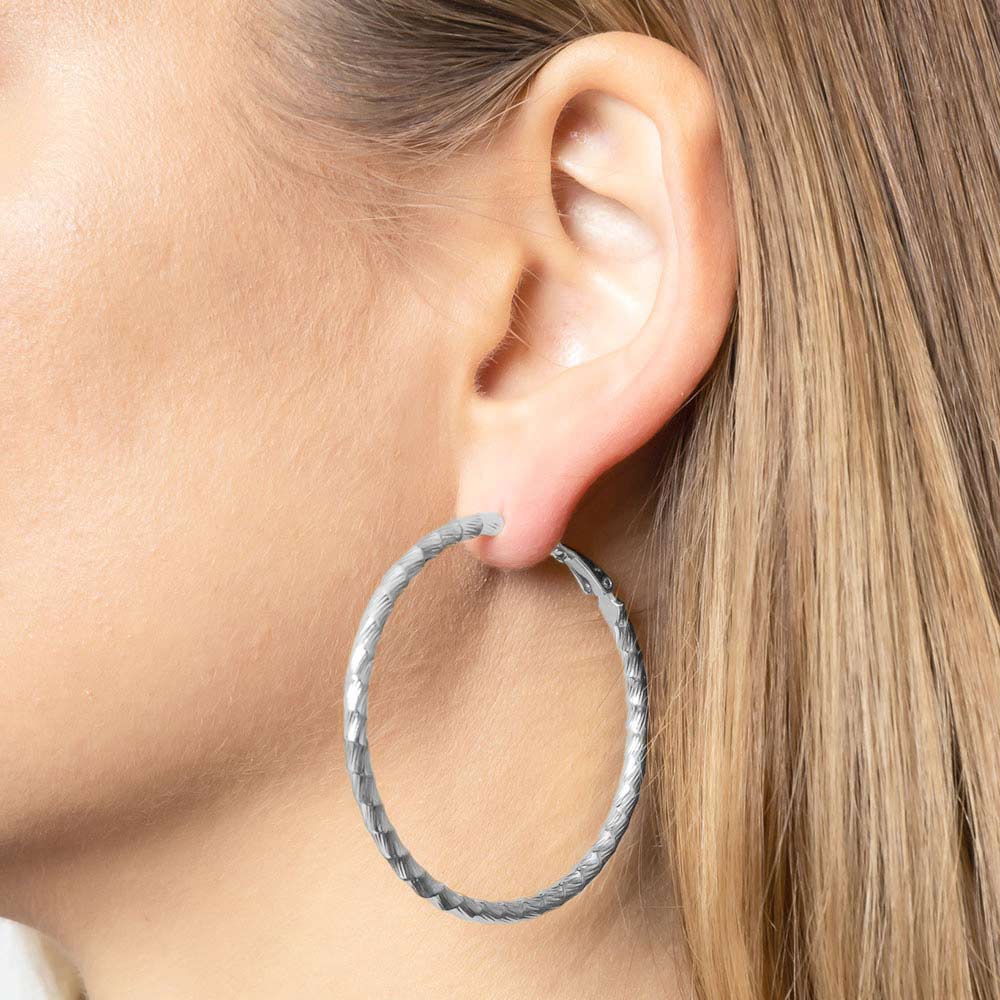 2 Inch Textured Silver Hoop Earrings