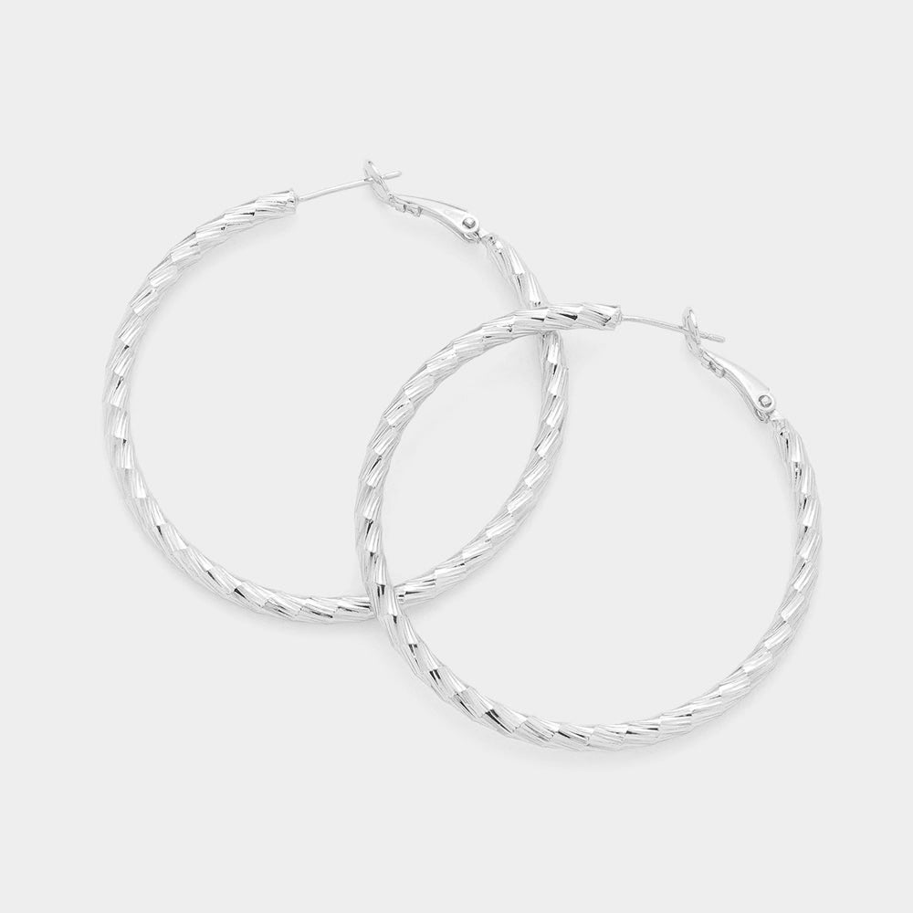 2 Inch Textured Silver Hoop Earrings