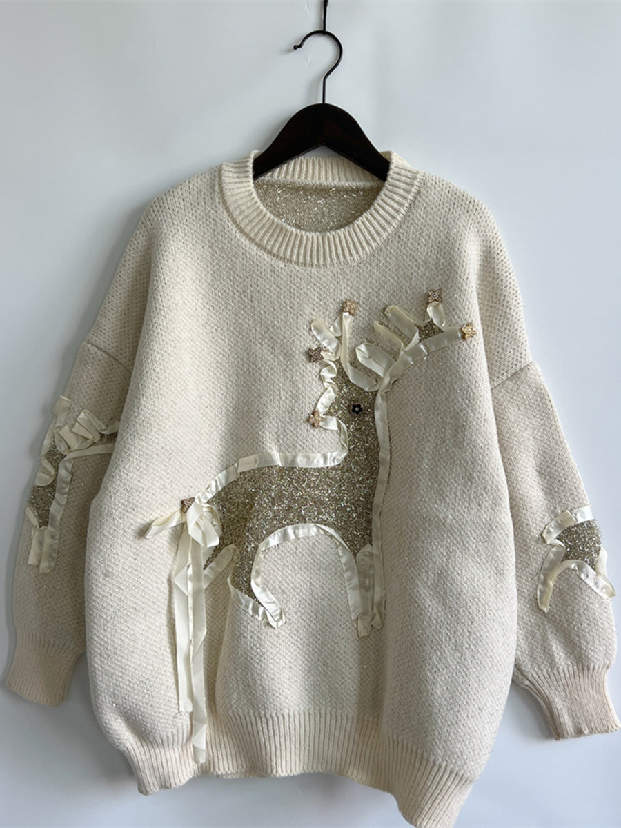 Reindeer Round Neck Long Sleeve Sweater