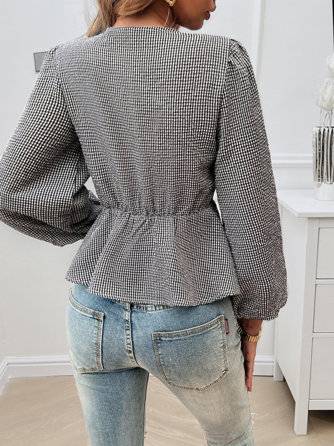 Tied Round Neck Long Sleeve Blouse