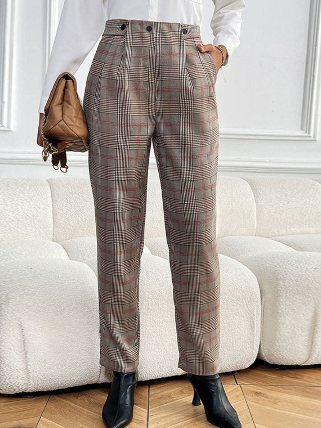 Perfee Plaid Straight Pants with Pockets