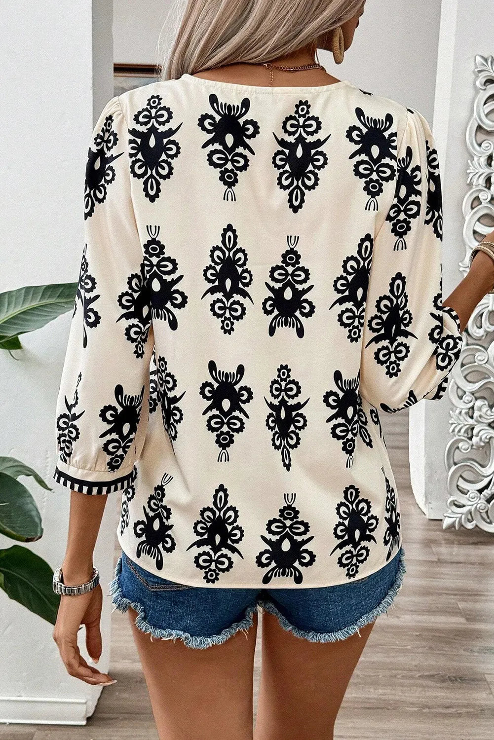 Printed V-Neck Three-Quarter Sleeve Blouse