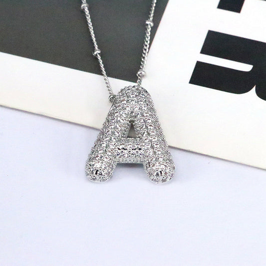 Copper Inlaid Zircon Letter Pendant Necklace A-L