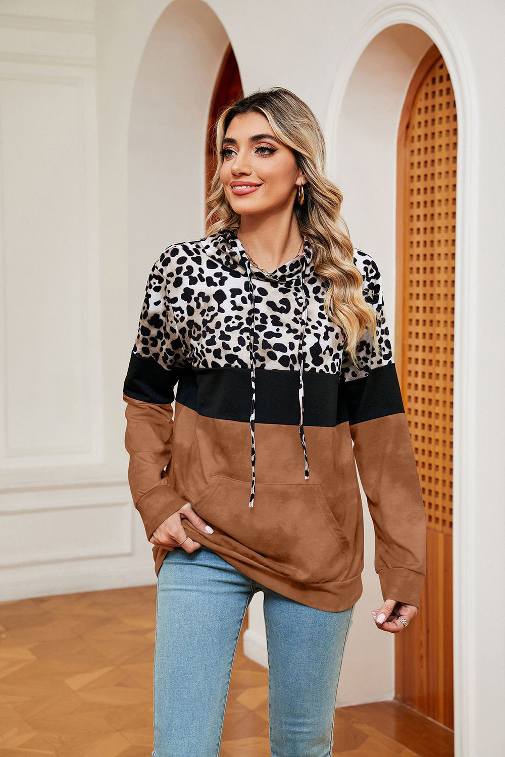 Leopard Drawstring Hoodie with Pocket