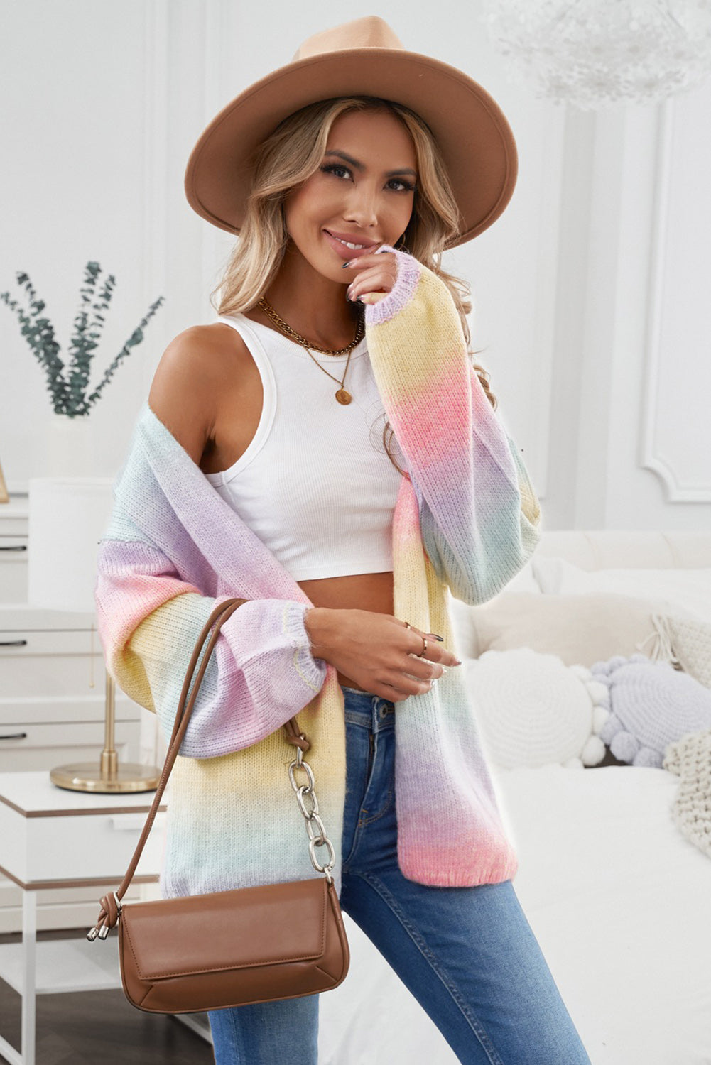 Contrast Balloon Sleeve Dropped Shoulder Cardigan