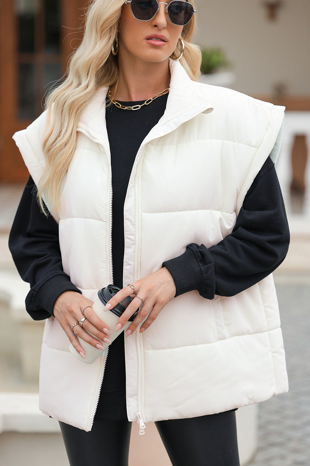 Zip Up Puffer Vest Coat with Pockets