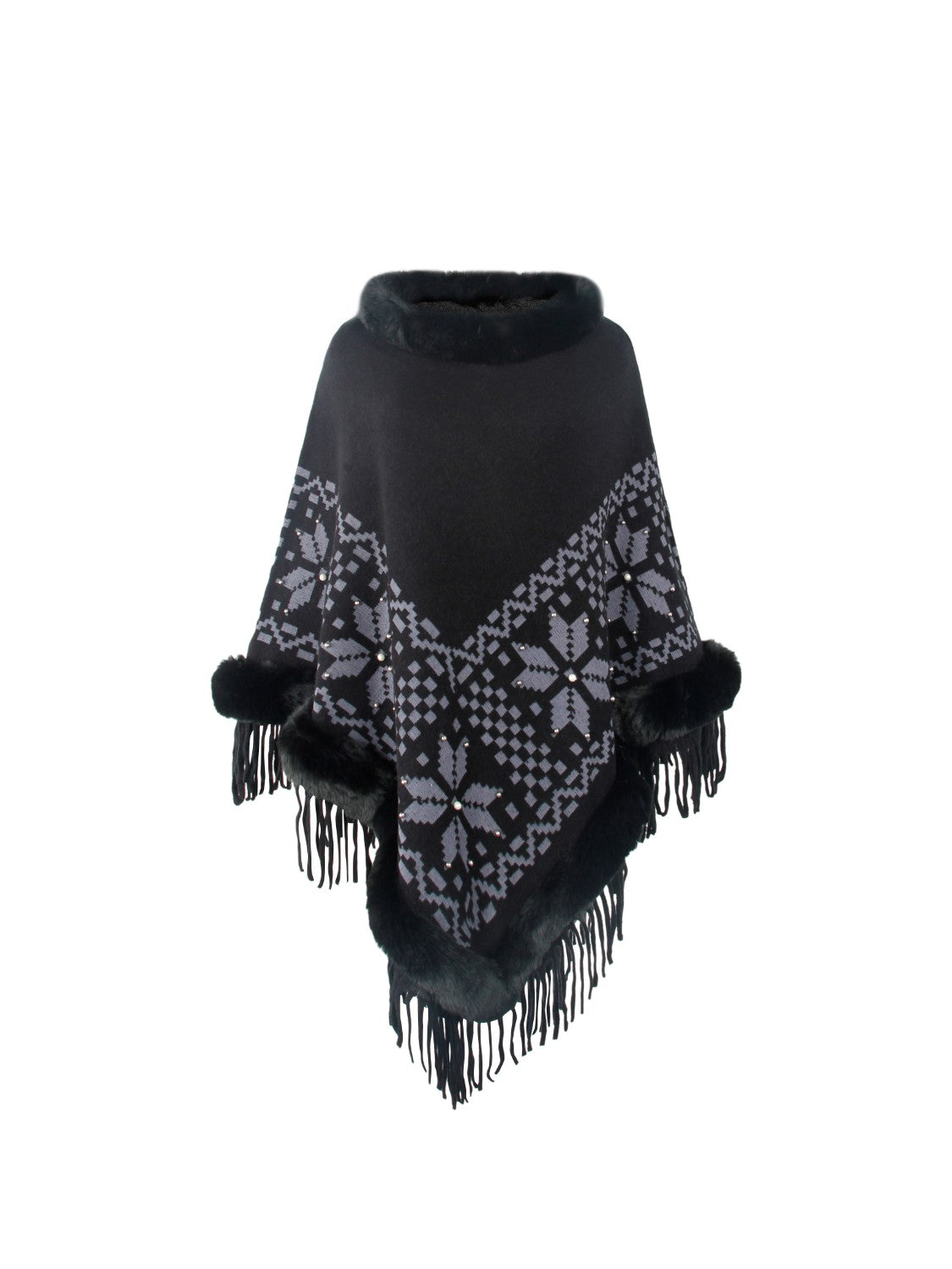 Fringe Geometric Cape Sleeve Poncho