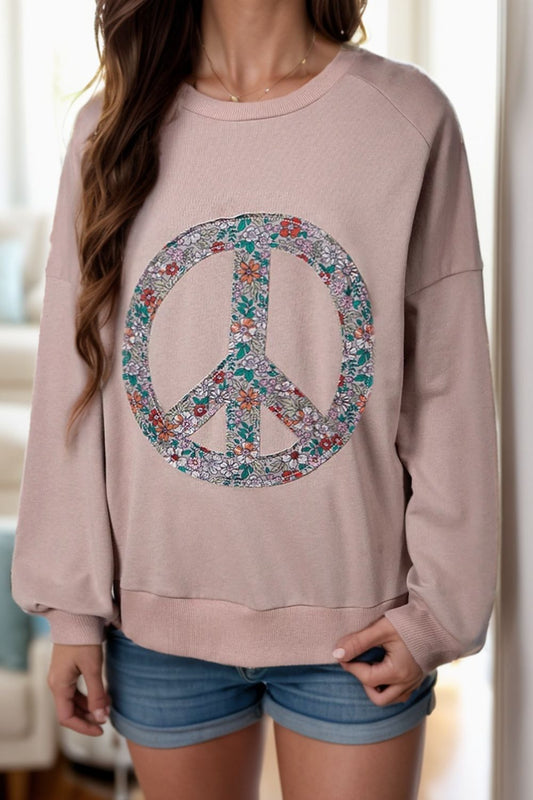 Peace Sign Applique Long Sleeve Sweatshirt