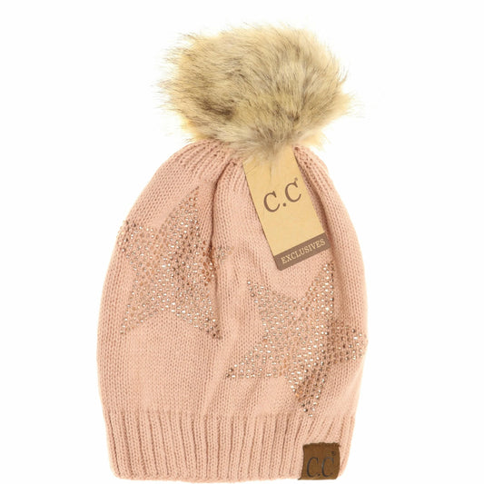 Rhinestone Star Fur Pom CC Beanie