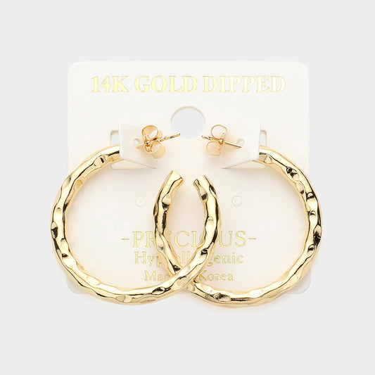 14K Gold Dipped 1.4 Inch Crushed Metal Hoop Earrings