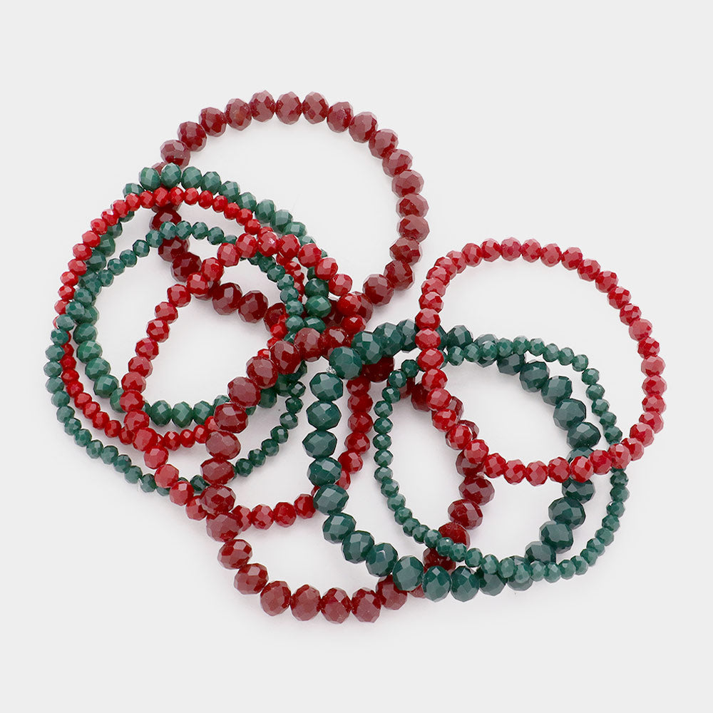 9PC - Faceted Bead Stretch Bracelet - Christmas