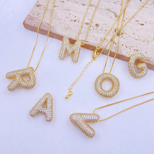 Inlaid Zircon Bubble Initial Necklace A-K