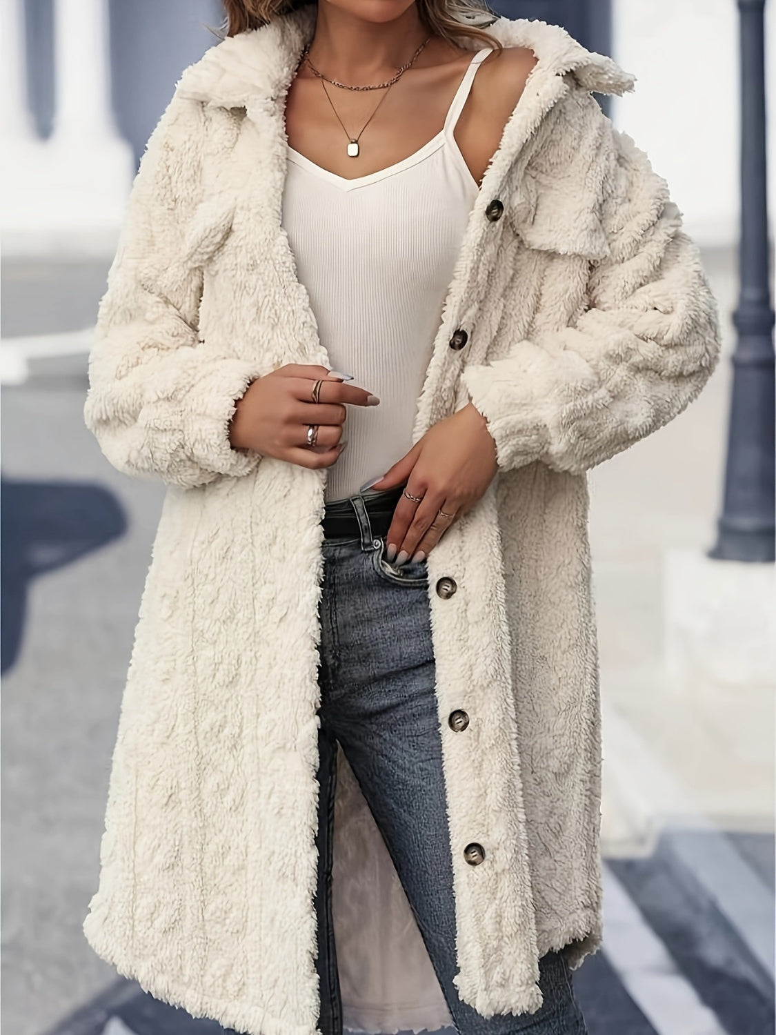 Fuzzy Button Up Long Sleeve Longline Coat