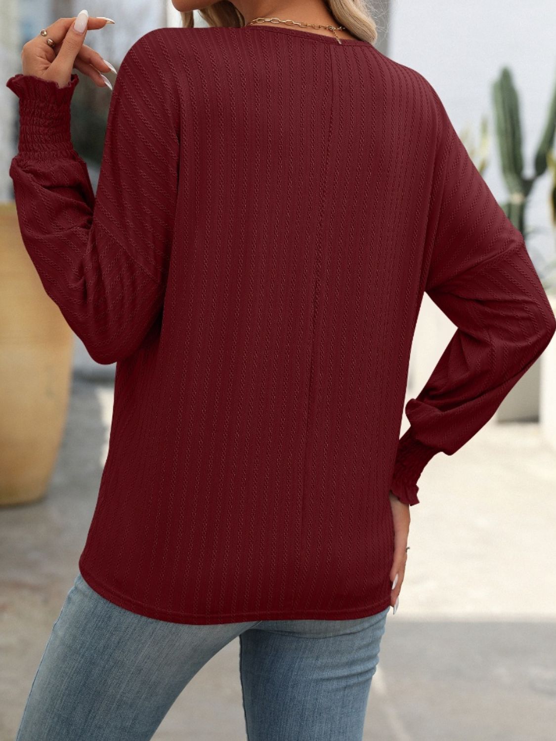 Textured Notched Lantern Sleeve T-Shirt