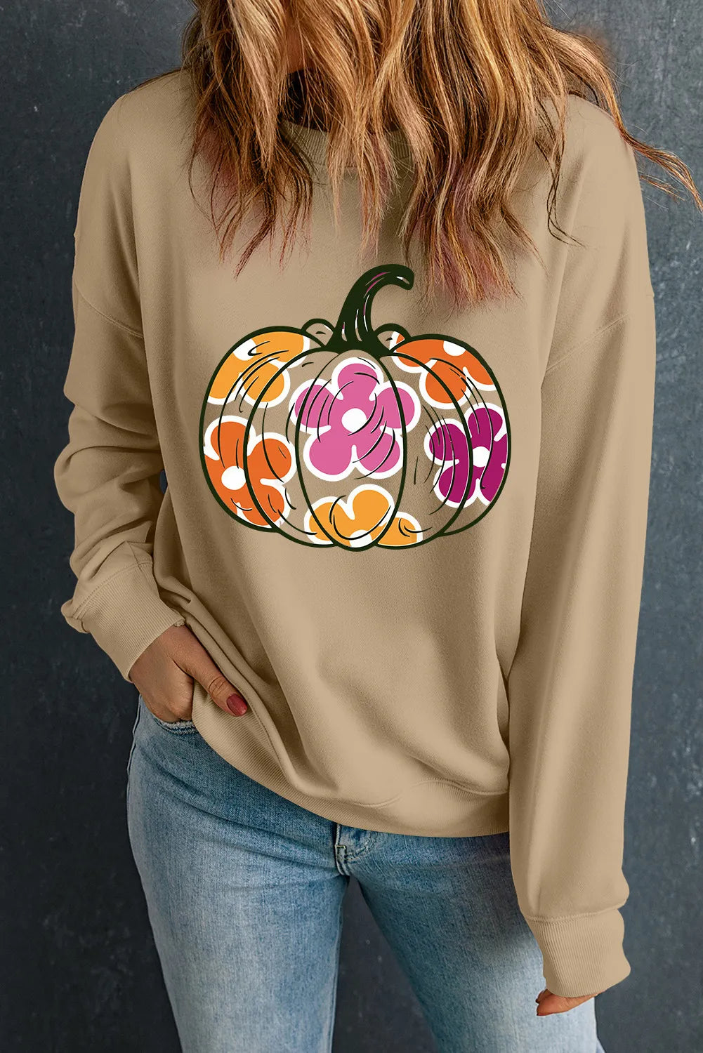 Pumpkin & Flower Graphic Long Sleeve Sweatshirt