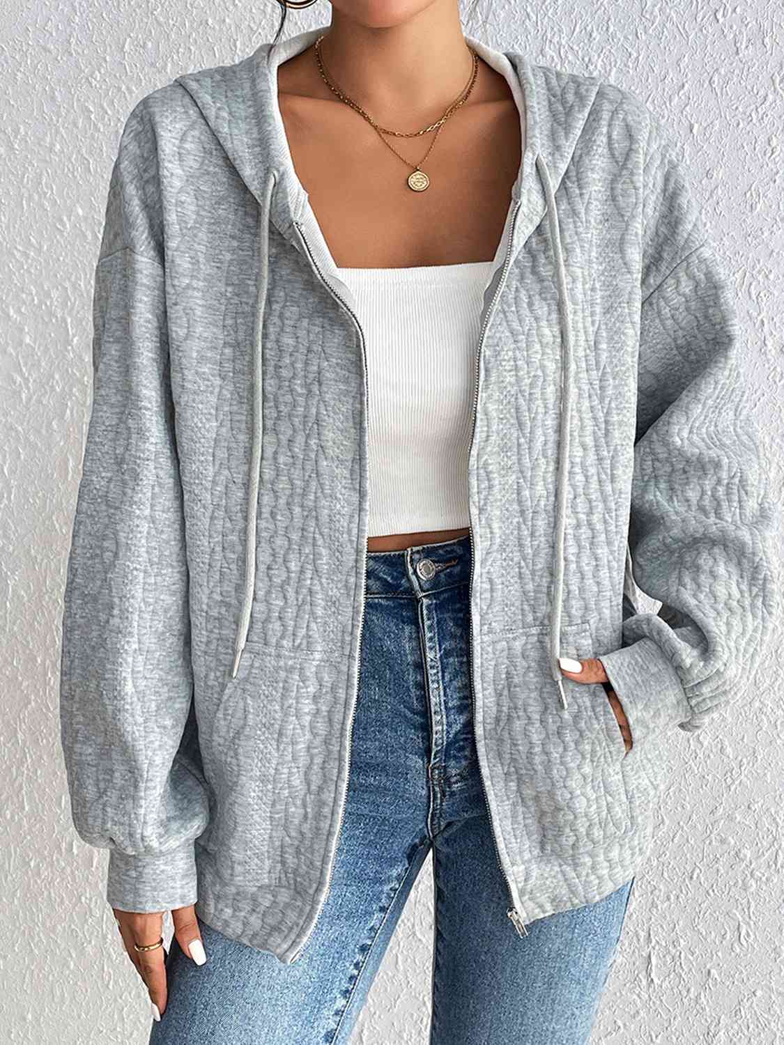 Zip Up Drawstring Long Sleeve Jacket with Pockets