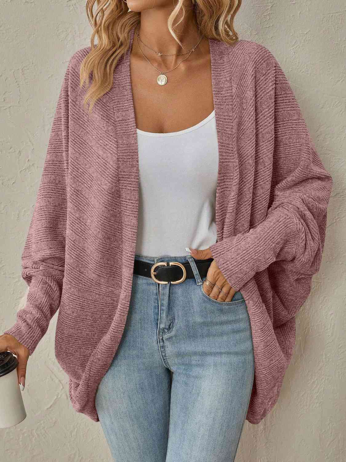 Ribbed Open Front Dropped Shoulder Cardigan