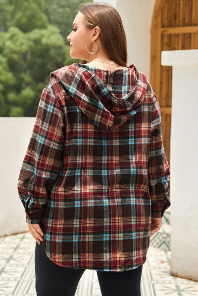 Goddess Size Drawstring Plaid Quarter Button Hoodie