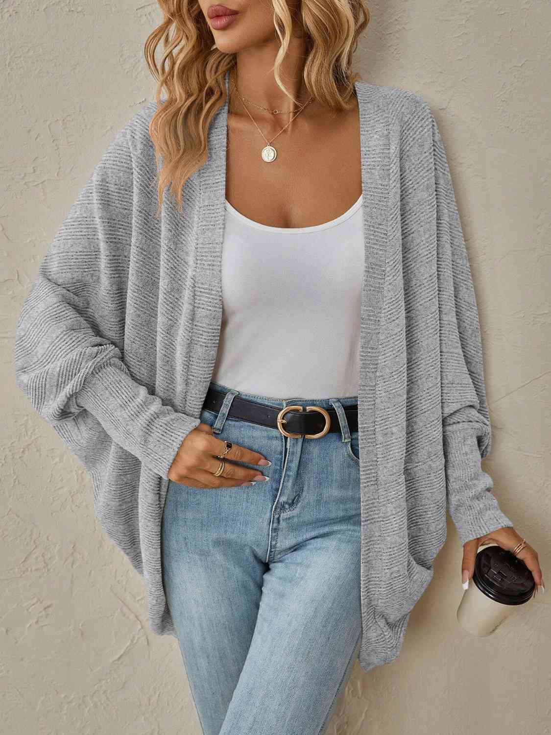 Ribbed Open Front Dropped Shoulder Cardigan