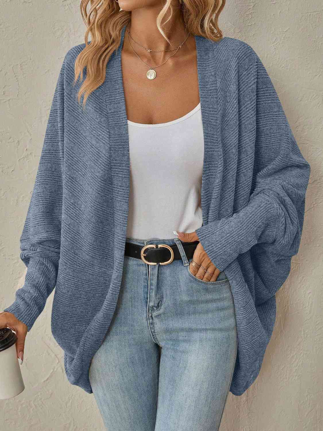 Ribbed Open Front Dropped Shoulder Cardigan