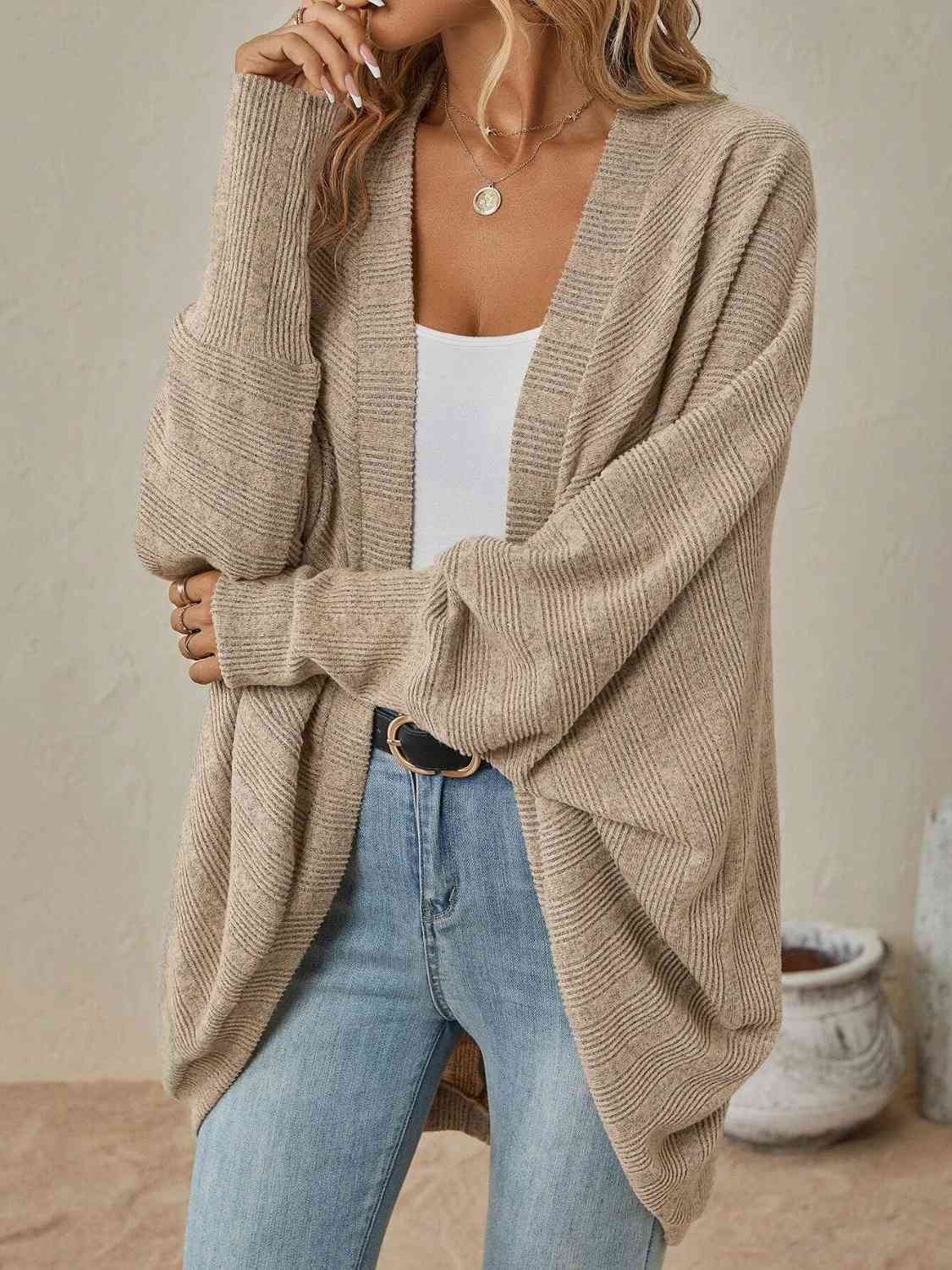 Ribbed Open Front Dropped Shoulder Cardigan