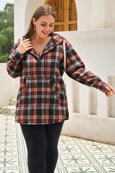 Goddess Size Drawstring Plaid Quarter Button Hoodie