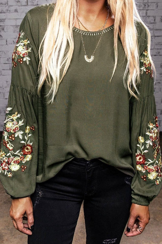 Embroidered Round Neck Balloon Sleeve Top