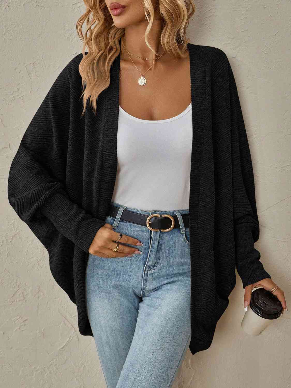 Ribbed Open Front Dropped Shoulder Cardigan