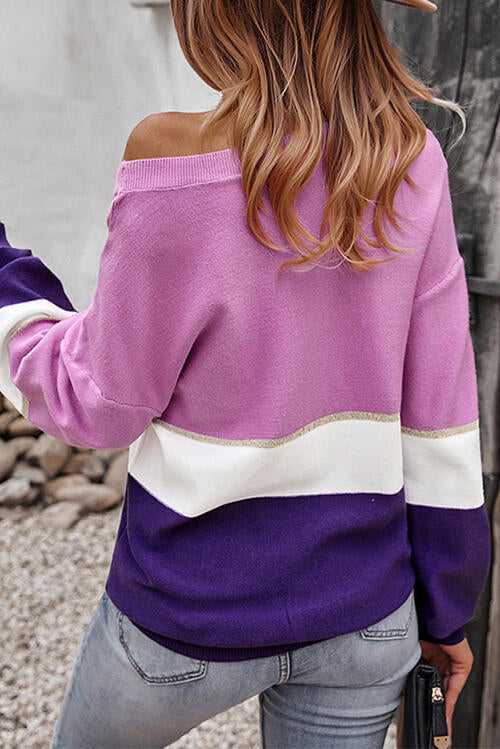 Striped V-Neck Long Sleeve Sweater