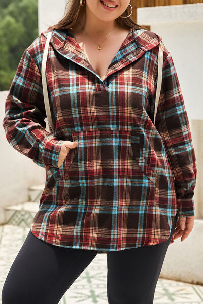 Goddess Size Drawstring Plaid Quarter Button Hoodie