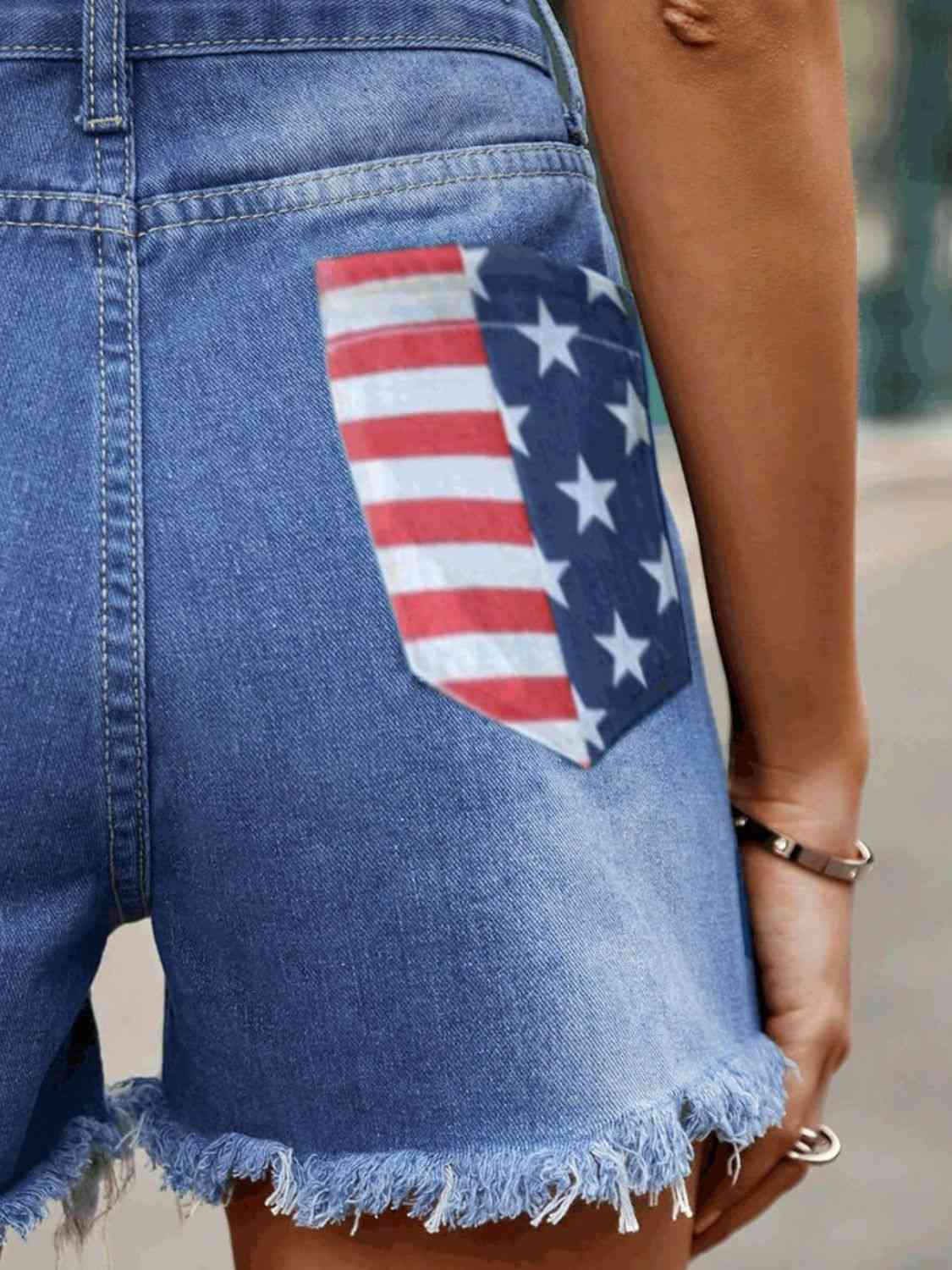 Flag Raw Hem Denim Shorts with Pockets