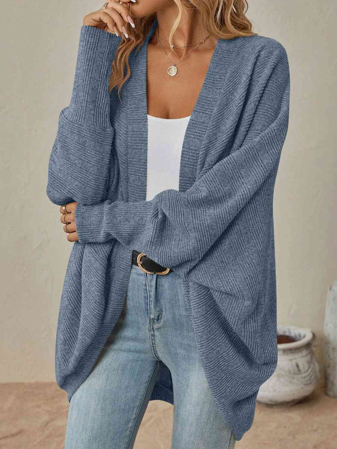 Ribbed Open Front Dropped Shoulder Cardigan