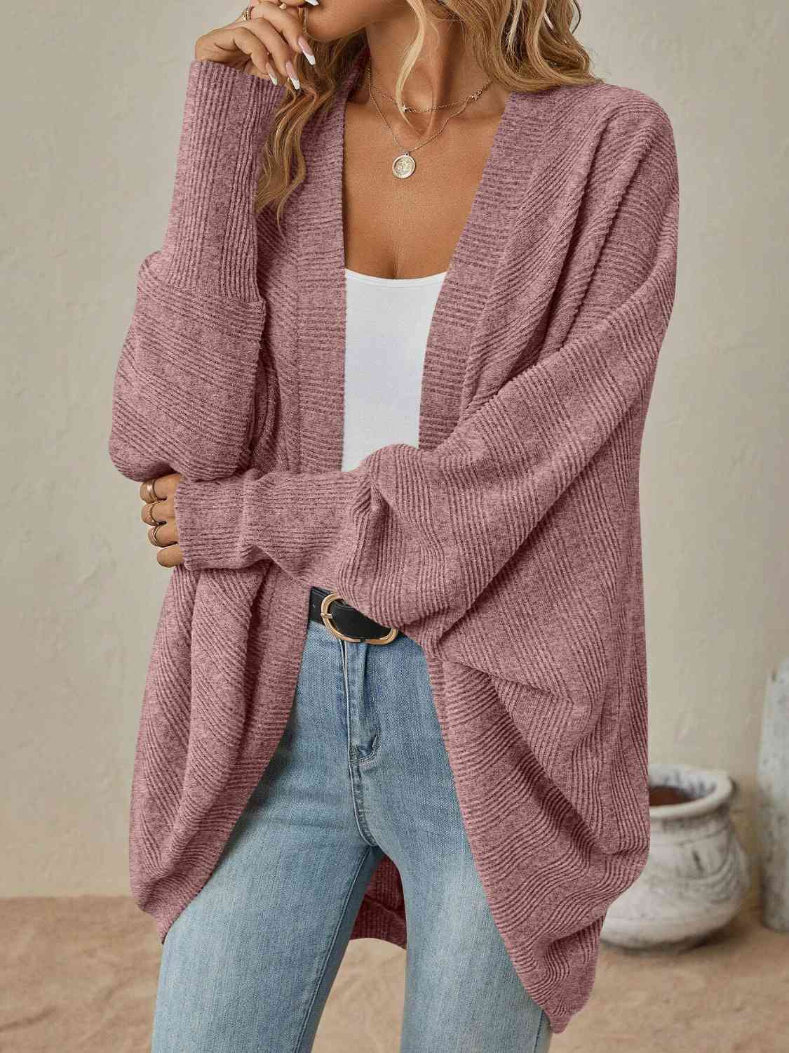 Ribbed Open Front Dropped Shoulder Cardigan