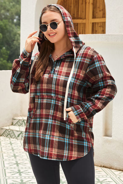 Goddess Size Drawstring Plaid Quarter Button Hoodie