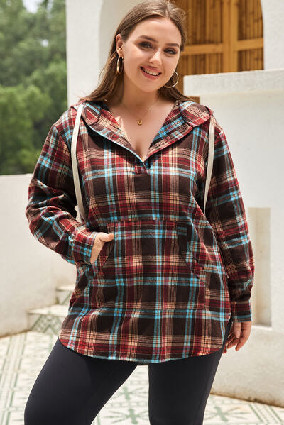 Goddess Size Drawstring Plaid Quarter Button Hoodie